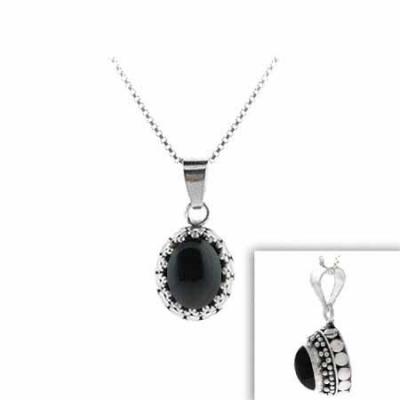Sterling Silver Genuine Onyx Stone Bali Beaded Oval Pendant