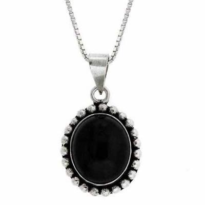 Sterling Silver Onyx Bali Bead Oval Pendant