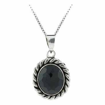 Sterling Silver Faceted Onyx Twisted Border Oval Pendant