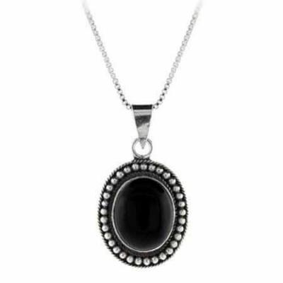 Genuine Onyx Stone Sterling Silver Bali Beaded Oval Pendant