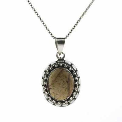 Sterling Silver Picture Jasper Bali Beaded Oval Pendant