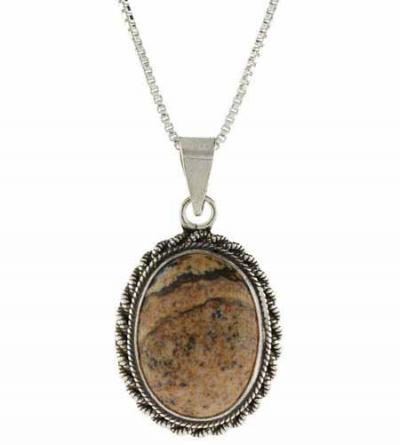Genuine Picture Jasper Stone Twisted Sterling Silver Border Oval Pendant