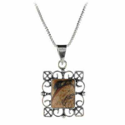Genuine Picture Jasper Stone Sterling Silver Filigree Rectangle Pendant