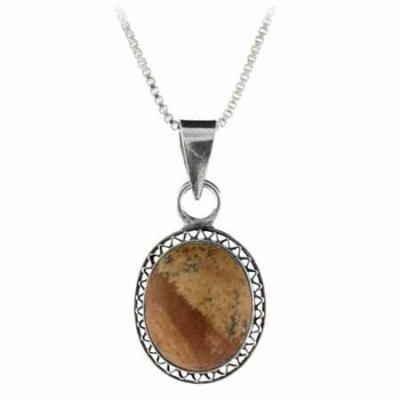 Sterling Silver Genuine Picture Jasper Stone Filigree Oval Pendant