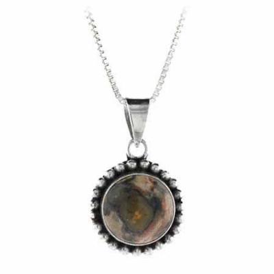 Sterling Silver Genuine Leopard Skin Stone Bali Beaded Circle Pendant