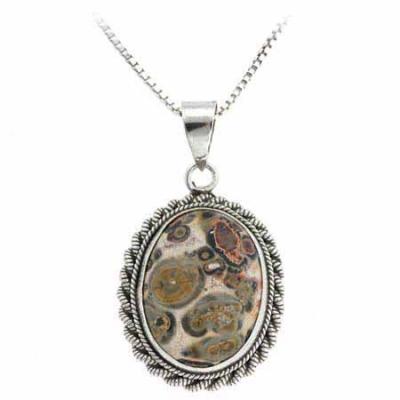 Genuine Leopard Skin Stone Twisted Sterling Silver Border Oval Pendant