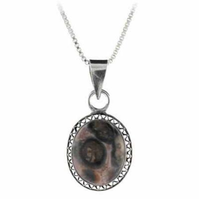 Sterling Silver Genuine Leopard Skin Stone Filigree Oval Pendant