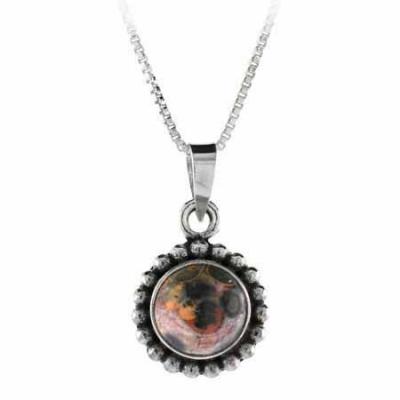Sterling Silver Bali Beaded Genuine Leopard Skin Stone Circle Pendant