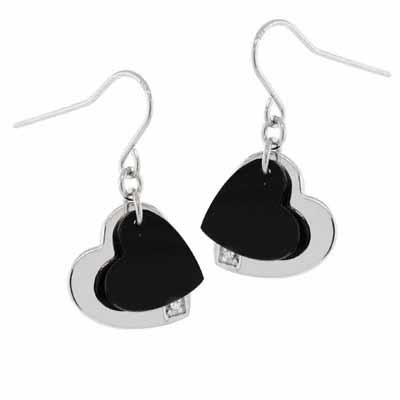 Sterling Silver Onyx & CZ Heart Shaped Dangle Earrings