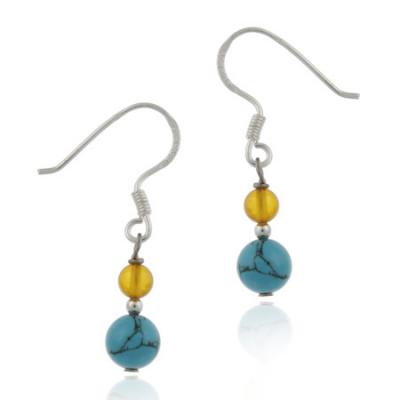 Sterling Silver Turquoise & Amber Beads Dangle Earrings