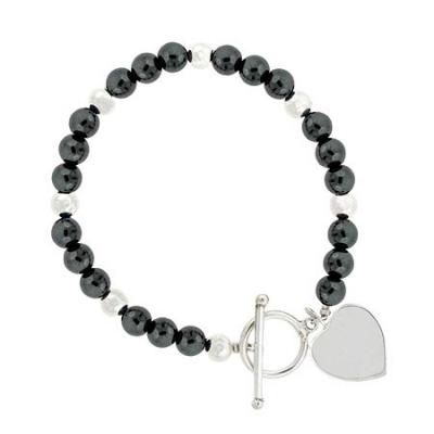 Sterling Silver Hematite 6mm Beaded Heart Bracelet