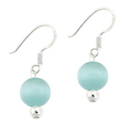 Sterling Silver Teal Cats Eye 8mm Bead Dangle Earrings