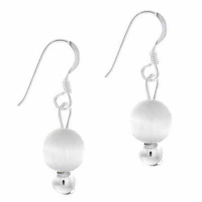 Sterling Silver 6mm White Cats Eye Bead Dangle Earrings