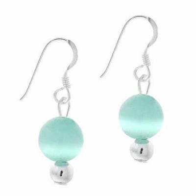 Sterling Silver 6mm Teal Cats Eye Bead Dangle Earrings