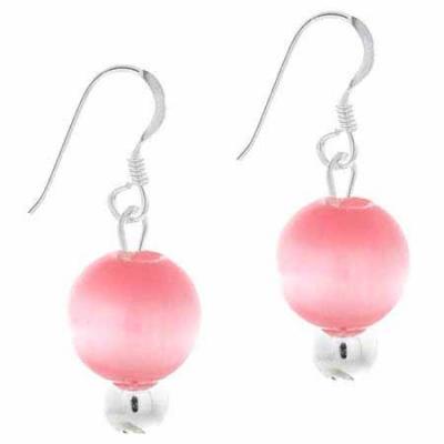 Sterling Silver Pink Cats Eye Bead Dangle Earrings