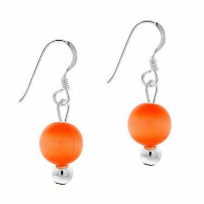 Sterling Silver 6mm Orange Cats Eye Bead Dangle Earrings