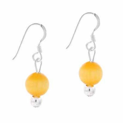 Sterling Silver 6mm Light Orange Cats Eye Bead Dangle Earrings
