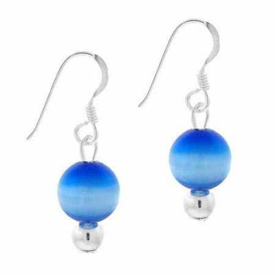 Sterling Silver 6mm Light Blue Cats Eye Bead Dangle Earrings