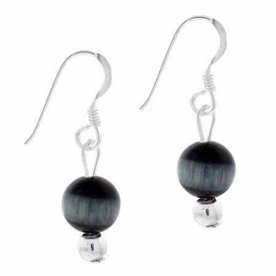 Sterling Silver 6mm Simulated Black Cats Eye Stone Bead Beaded Dangle Hook Earrings