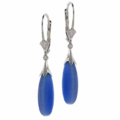 Sterling Silver Blue Cats Eye Bead TearDrop Lever-Back Earrings