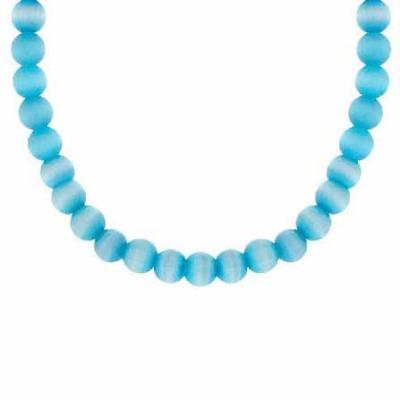 Sterling Silver 6mm Simulated Teal Cats Eye Stone Bead Beaded Chain 15-19' Necklace