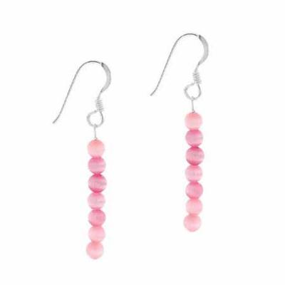Sterling Silver 4mm Pink Cats Eye Beaded Dangle Earrings