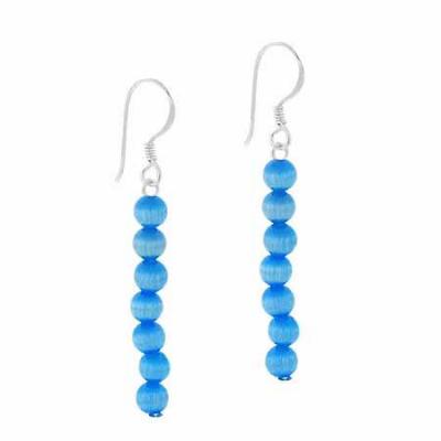 Sterling Silver Light Blue Simulated Cats Eye Stone 6 Bead Beaded Dangle Earrings