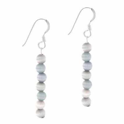 Sterling Silver Gray Cats Eye Beaded Dangle Earrings