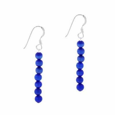 Sterling Silver Dark Blue Cats Eye Beaded Dangle Earrings