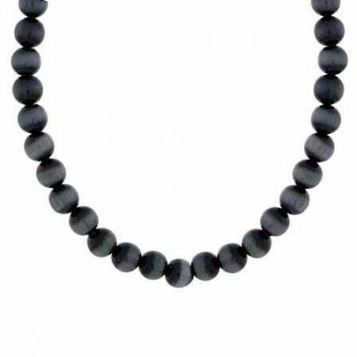 Sterling Silver 6mm Simulated Black Cats Eye Stone Bead Beaded Chain 15-19' Necklace