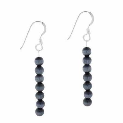 Sterling Silver Black Cats Eye 6 Bead Dangle Earrings