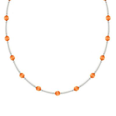 Sterling Silver 4mm Simulated Orange Cats Eye Bar & Bead Necklace