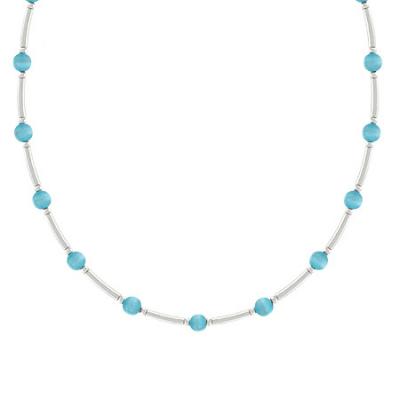 Sterling Silver 4mm Simulated Light Blue Cats Eye Bar & Bead Necklace