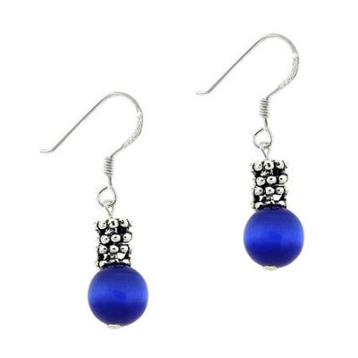 Sterling Silver Dark Blue Cats Eye & Bali Bead Dangle Earrings