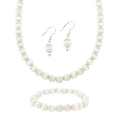 Sterling Silver White Cats Eye Bead Earrings, Stretch Bracelet, & Necklace 15-19' Set