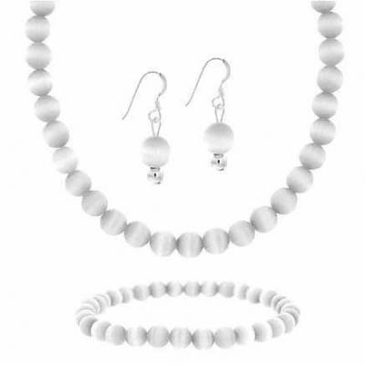Sterling Silver 6mm Simulated White Cats Eye Stone Bead Beaded Dangle Hook Earrings Stretch Bracelet Necklace 15-19' Jewelry Set