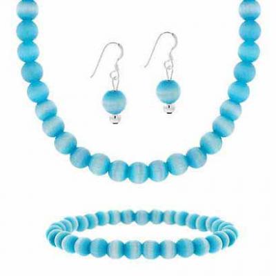 Sterling Silver Teal Cats Eye Bead Earrings, Bracelet, &  Necklace 15-19' Jewelry  Set