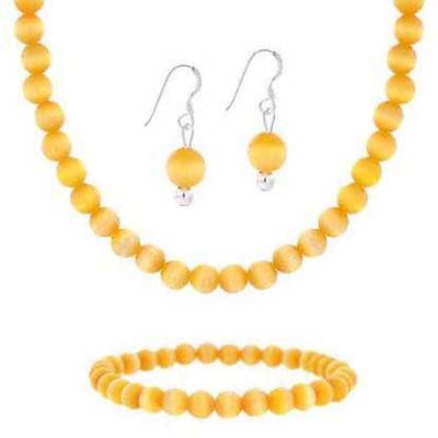 Sterling Silver 6mm Simulated Light Orange Cats Eye Stone Bead Beaded Dangle Hook Earrings Stretch Bracelet Necklace 15-19' Jewelry Set