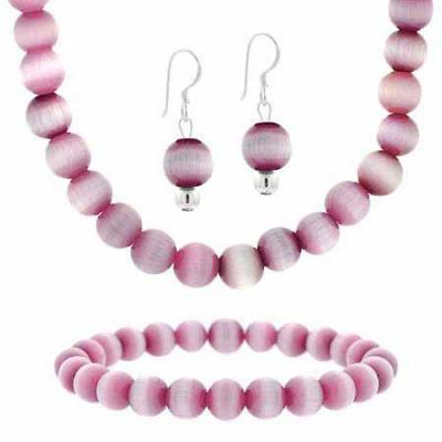 Sterling Silver Lavender Cats Eye Beaded Dangle Earrings, Stretch Bracelet, & Necklace Set