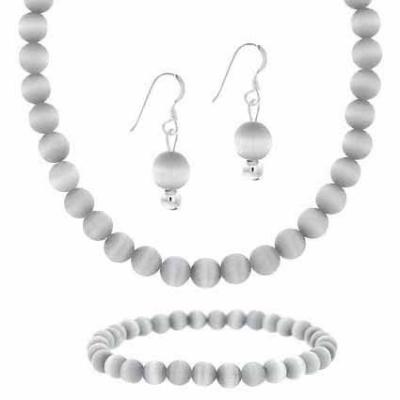 Sterling Silver Gray Cats Eye Beaded Dangle Earrings, Bracelet, Necklace Jewelry Set