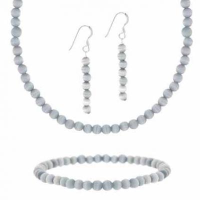 Sterling Silver 4mm Gray Simulated Cats Eye Stone Bead Beaded Dangle Hook Earrings Stretch Bracelet Necklace 15-19' Jewelry Set