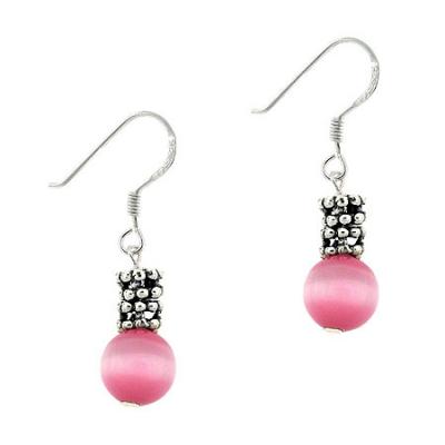 Sterling Silver Pink Cats Eye & Bali Bead Dangle Earrings