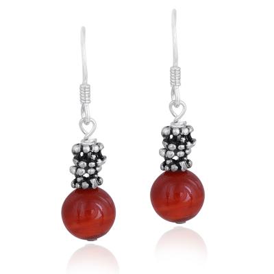Sterling Silver 8mm Carnelian Stone Bali Bead Dangle Earrings