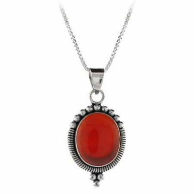 Sterling Silver Genuine Carnelian Stone Bali Beaded Oval Pendant