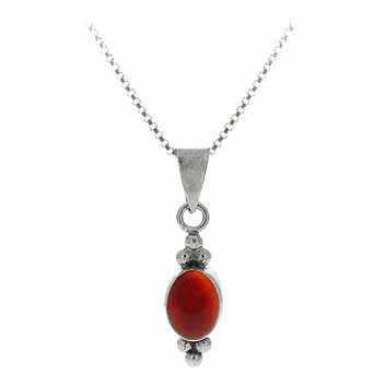 Sterling Silver Bali Bead Genuine Carnelian Stone Oval Pendant