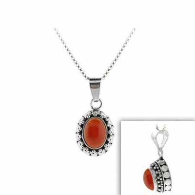 Sterling Silver Genuine Carnelian Stone Bali Beaded Oval Pendant
