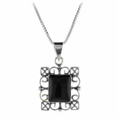Sterling Silver Onyx Filigree Rectangle Pendant