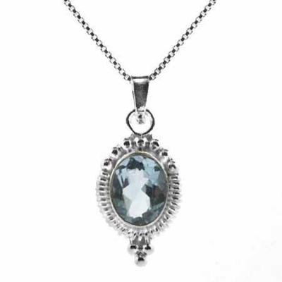 Sterling Silver Bali Bead Genuine Blue Topaz Stone Oval Pendant