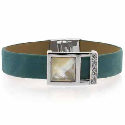 Sterling Silver CZ & Mother of Pearl Teal Leather Bracelet
