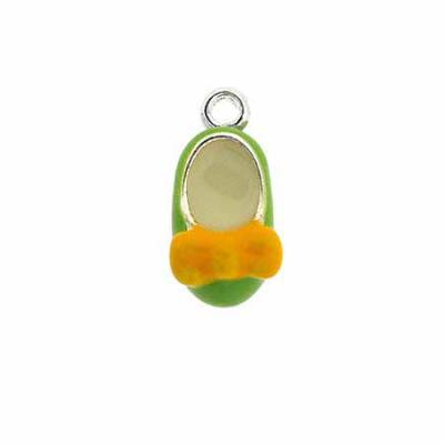 Sterling Silver Enamel Light Green and Yellow Bow Girl Baby Shoes